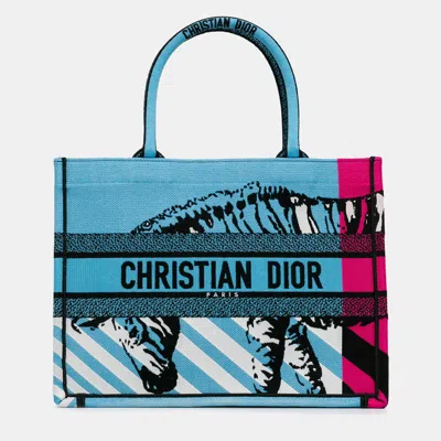 Pre-owned Dior Blue Medium Embroidered Canvas Zebra D Jungle Pop Book Tote
