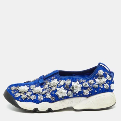 Pre-owned Dior Blue Mesh Embellished Fusion Slip On Sneakers Size 37.5