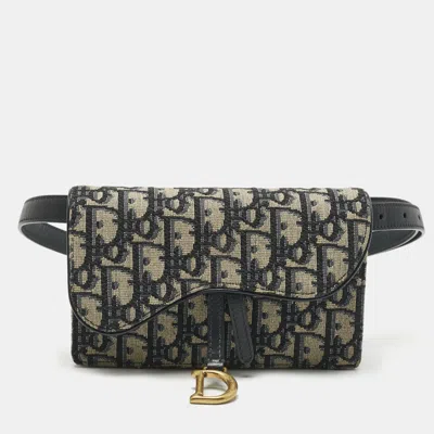 Pre-owned Dior Blue Oblique Canvas And Leather Saddle Pouch Belt Bag