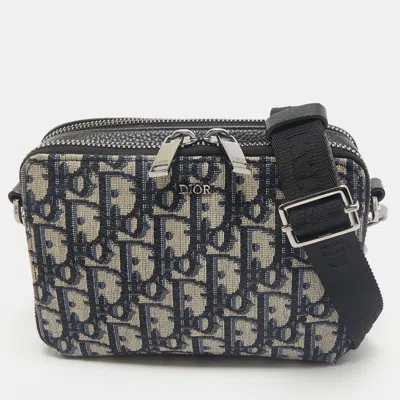 Pre-owned Dior Blue Oblique Canvas Double Zip Pouch