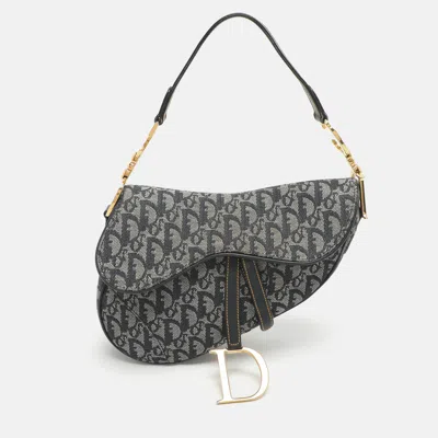 Pre-owned Dior Blue Oblique Denim And Leather Saddle Bag