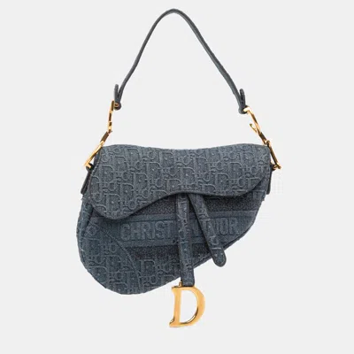 Pre-owned Dior Blue Oblique Denim Embroidered Saddle Bag