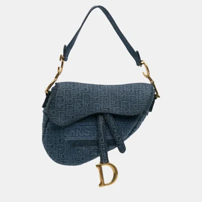 Pre-owned Dior Blue Oblique Denim Embroidered Saddle Bag