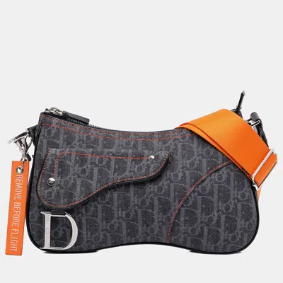 Pre-owned Dior Blue Oblique Denim Flight Double Saddle Crossbody