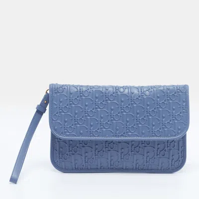 Pre-owned Dior Blue Oblique Embossed Leather Wristlet Pouch