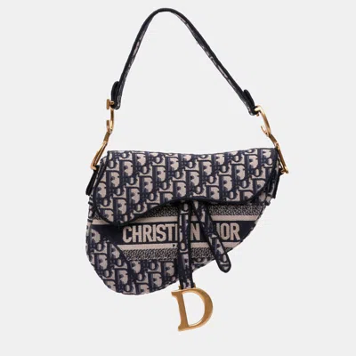 Pre-owned Dior Blue Oblique Embroidered Canvas Saddle Bag