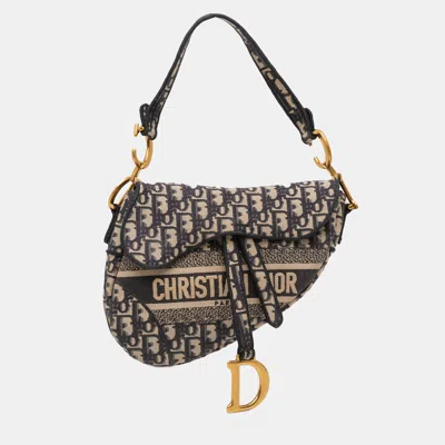 Pre-owned Dior Blue Oblique Embroidered Canvas Saddle Bag