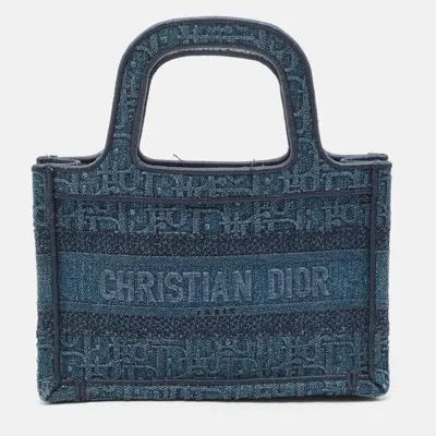 Pre-owned Dior Blue Oblique Embroidered Denim Mini Book Tote