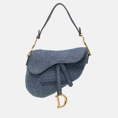 Pre-owned Dior Blue Oblique Embroidered Denim Saddle Bag