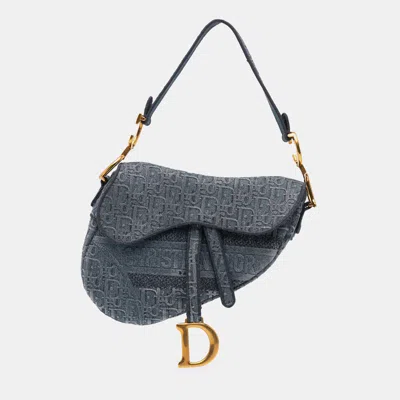 Pre-owned Dior Blue Oblique Embroidered Denim Saddle Bag