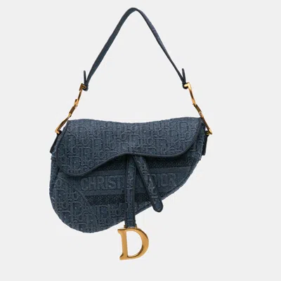 Pre-owned Dior Blue Oblique Embroidered Denim Saddle Bag