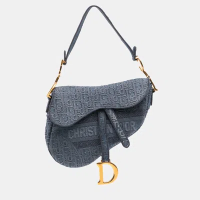 Pre-owned Dior Blue Oblique Embroidered Denim Saddle Bag