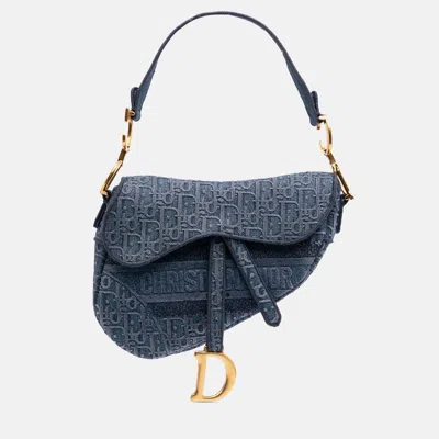 Pre-owned Dior Blue Oblique Embroidered Denim Saddle Bag