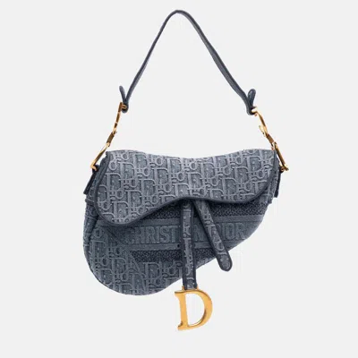 Pre-owned Dior Blue Oblique Embroidered Denim Saddle Bag