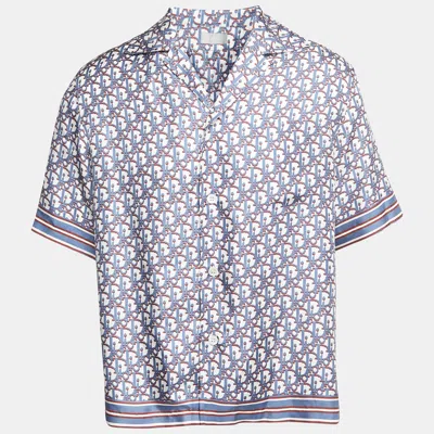 Pre-owned Dior Blue Oblique Pixel Printed Silk Short Sleeve Shirt Xs