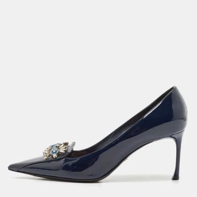 Pre-owned Dior Blue Patent Leather Crystal Embellished Pointed Toe Pumps Size 38.5