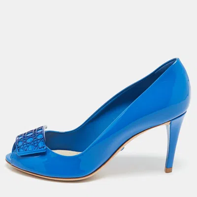 Pre-owned Dior Blue Patent Leather Metal Cannage Plaque Detail Peep Toe Pumps Size 36