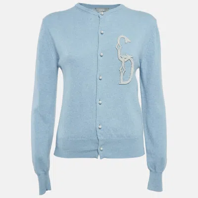 Pre-owned Dior Blue Pearl Embellished Cashmere Knit Cardigan Xs