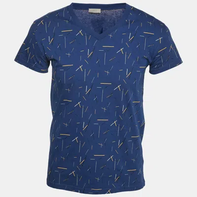 Pre-owned Dior Blue Printed Jersey V-neck T-shirt Xs