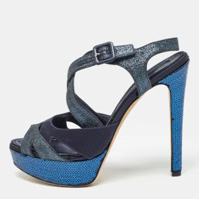Pre-owned Dior Blue Satin And Glitter Platform Ankle Strap Sandals Size 40 In Multicolor