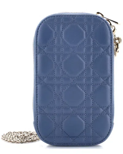 Dior Blue Sheep Leather Lady  Phone Holder On Chain Cannage Quilt  (authentic Pre-loved)