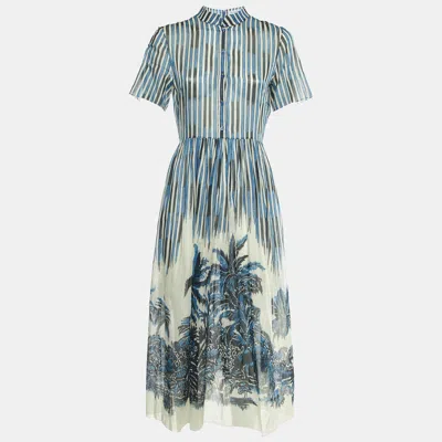 Pre-owned Dior Blue Striped Palm Print Cotton Midi Dress M