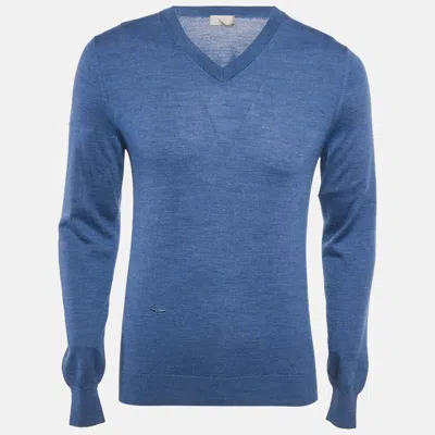 Pre-owned Dior Blue Wool Knit V-neck Sweater M