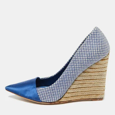 Pre-owned Dior Blue Woven Canvas Dolce Vita Espadrille Wedge Pumps Size 36.5