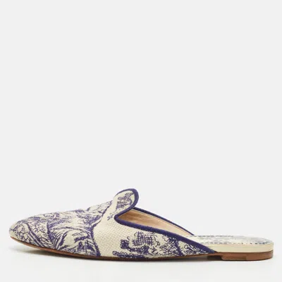 Pre-owned Dior Blue/beige Embroidered Canvas Toile De Jouy Flat Mules Size 39.5