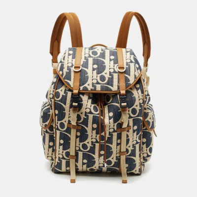 Pre-owned Dior Blue/beige Oblique Denim And Raffia Hit The Road Backpack