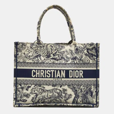Pre-owned Dior Blue/beige Toile De Jouy Embroidered Canvas Medium Book Tote