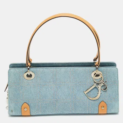 Pre-owned Dior Blue/brown Studded Cannage Denim And Leather Tote