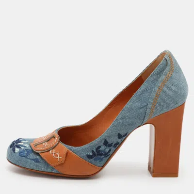 Pre-owned Dior Blue/tan Denim And Leather Cd Logo Pumps Size 36