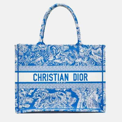 Pre-owned Dior Blue/white Embroidered Canvas Medium Toile De Jouy Book Tote