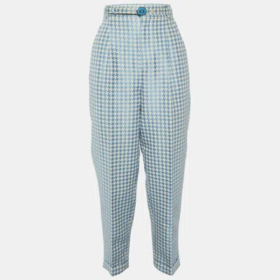 Pre-owned Dior Blue/white Houndstooth Cotton Belted Pants S