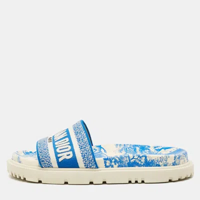 Pre-owned Dior Blue/white Toile De Jouy Embroidered Canvas Dway Flat Slides Size 36.5