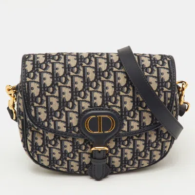 Pre-owned Dior Bobby Medium Navy Blue/beige Oblique Jacquard And Leather Shoulder Bag