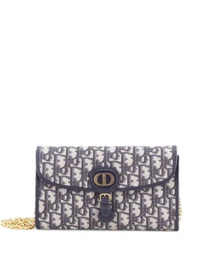 Pre-owned Dior Bobby Pouch With Chain Oblique Canvas East West Clutch Bag In Blue