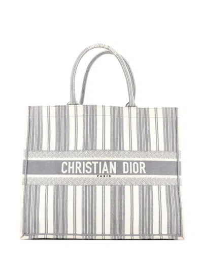 Pre-owned Dior Book Bayadere Stripe Embroidered Canvas Large Tote Bag In Gray