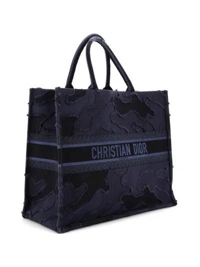 Pre-owned Dior Book Camouflage Embroidered Canvas Large Tote Bag In Blue