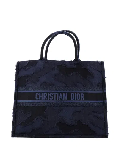 Pre-owned Dior Book Camouflage Embroidered Canvas Large Tote Bag In Blue