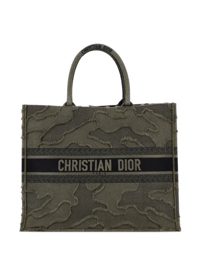 Pre-owned Dior Book Camouflage Embroidered Canvas Large Tote Bag In Green