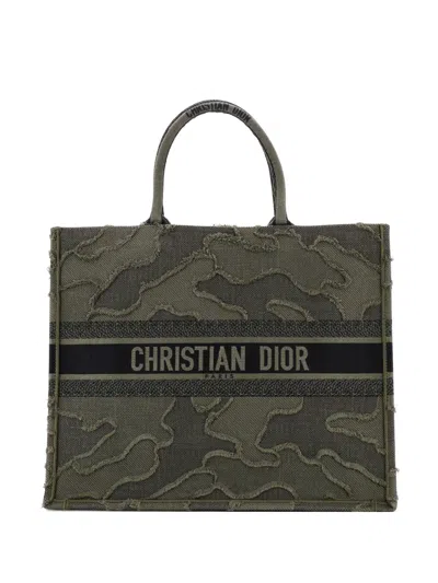 Pre-owned Dior Book Camouflage Embroidered Canvas Large Tote Bag In Green