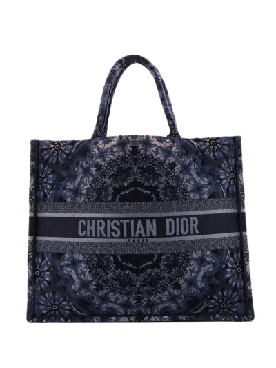 Pre-owned Dior Book Embroidered Canvas Large Tote Bag In Blue