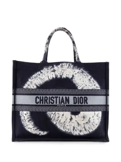 Pre-owned Dior Book Embroidered Canvas Large Tote Bag In Blue