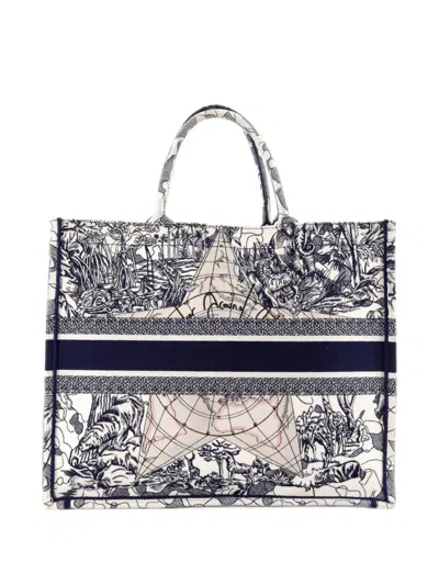 Pre-owned Dior Book Embroidered Canvas Large Tote Bag In Blue