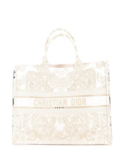 Pre-owned Dior Book Embroidered Canvas Large Tote Bag In Gold