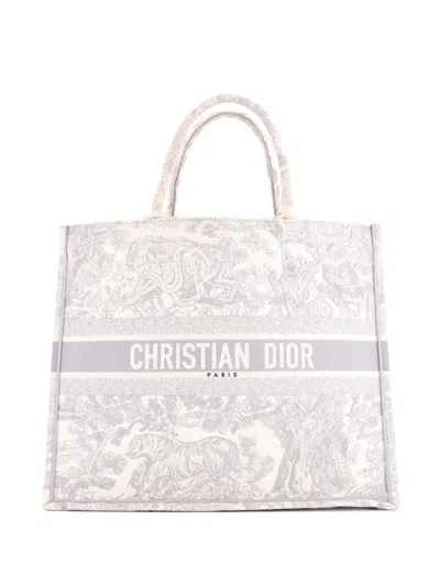 Pre-owned Dior Book Embroidered Canvas Large Tote Bag In Gray
