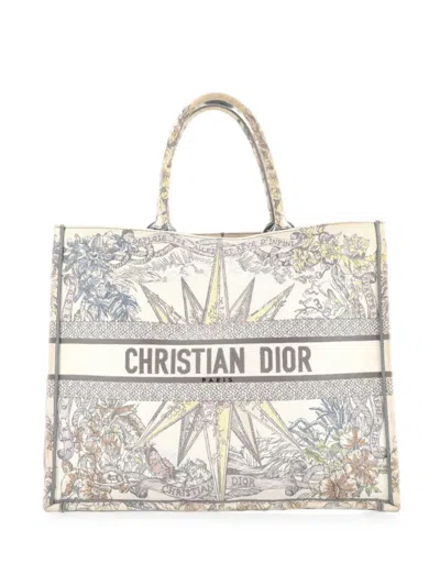 Pre-owned Dior Book Embroidered Canvas Large Tote Bag In Gray