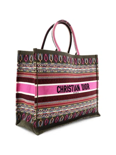Pre-owned Dior Book Embroidered Canvas Large Tote Bag In Green